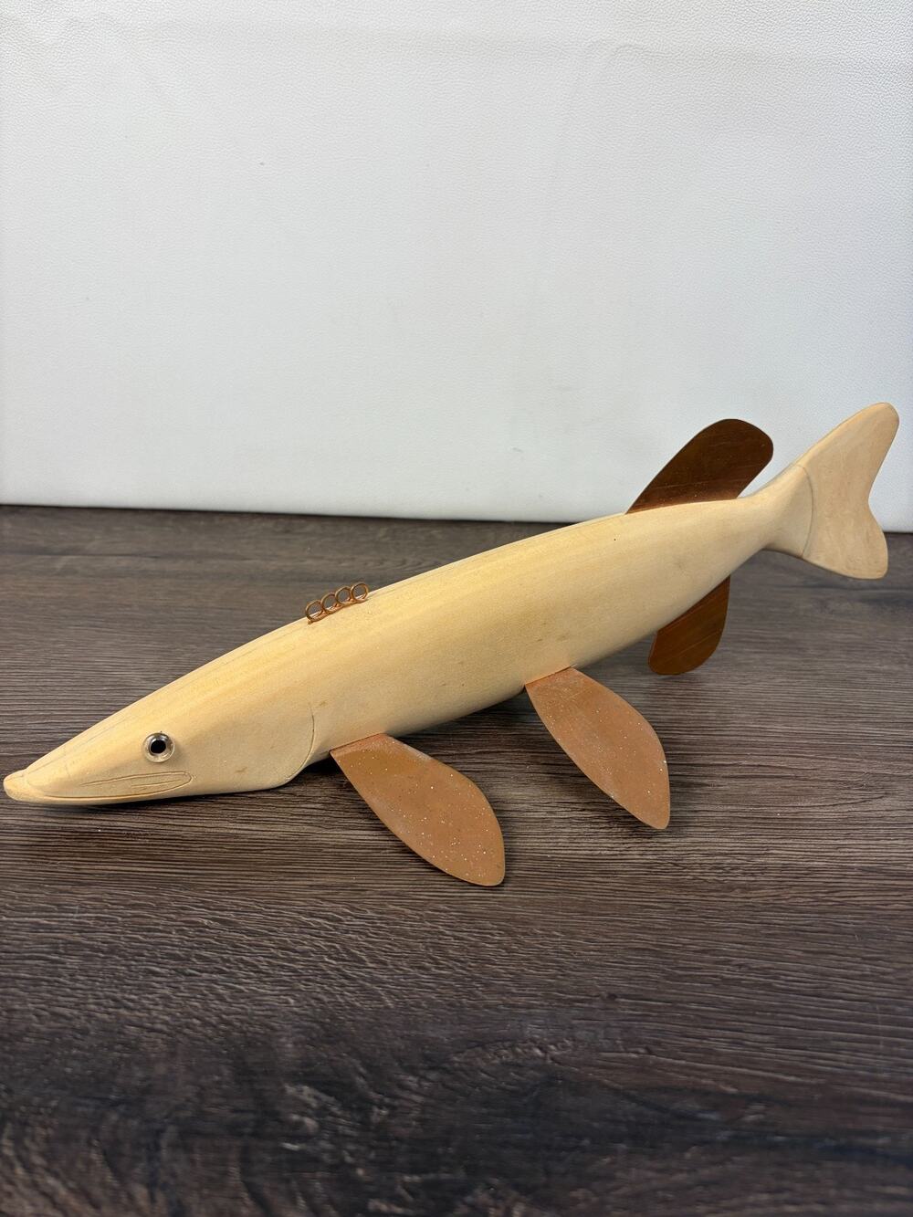 Hand Carved Wood Fish Decoy Pike Copper Fins Folk Art 15 Inch Missing Eye
